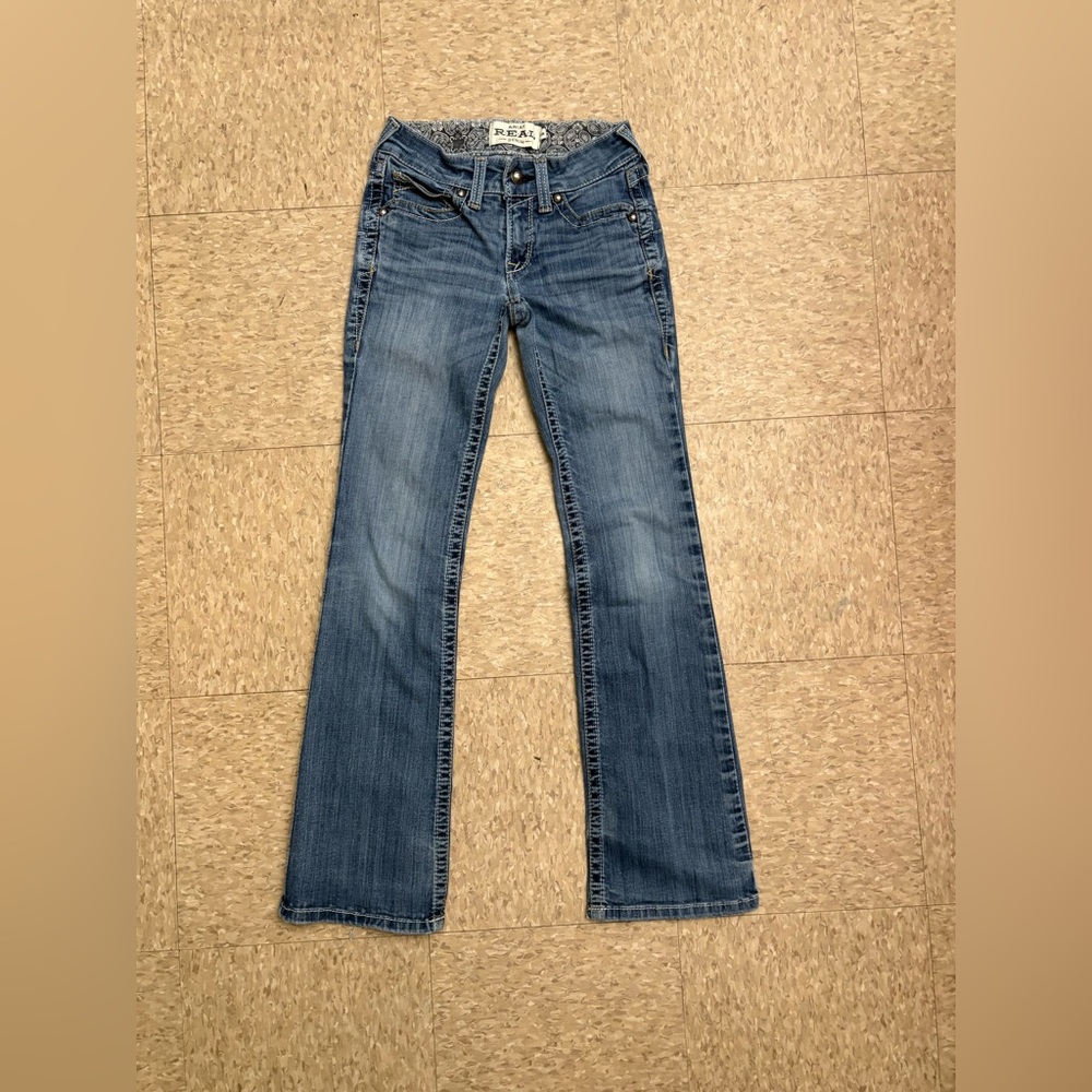Ariat REAL Denim Mid Rise Bootcut Jeans Blue Embroidered Stretch Medium Wash